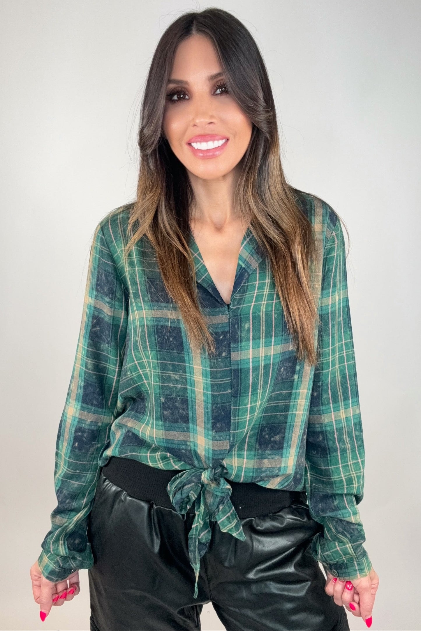 Green Plaid Tie Front Shirt - Born To Glam Born To Glam