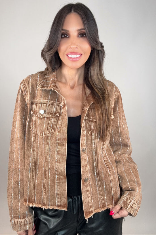 Chocolate Brown Crystal Stripe Denim Jacket - Born To Glam Born To Glam