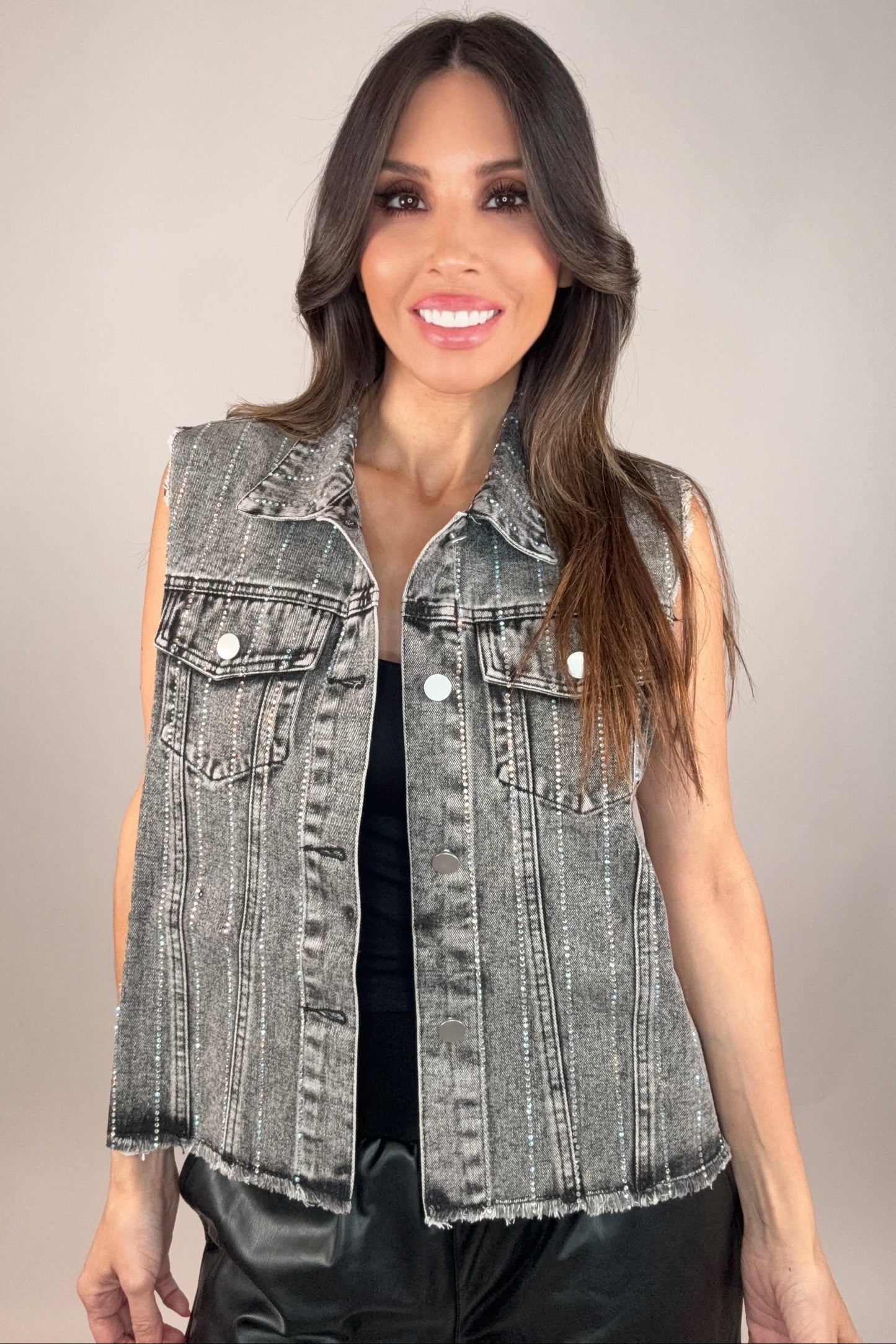 Grey Crystal Stripe Denim Vest - Born To Glam Born To Glam
