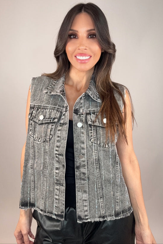 Grey Crystal Stripe Denim Vest - Born To Glam Born To Glam