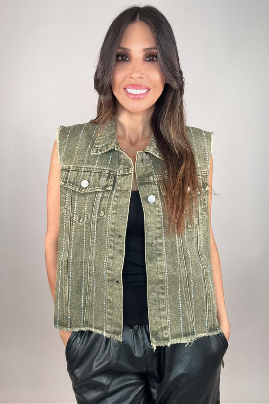 Olive Crystal Stripe Denim Vest - Born To Glam Born To Glam