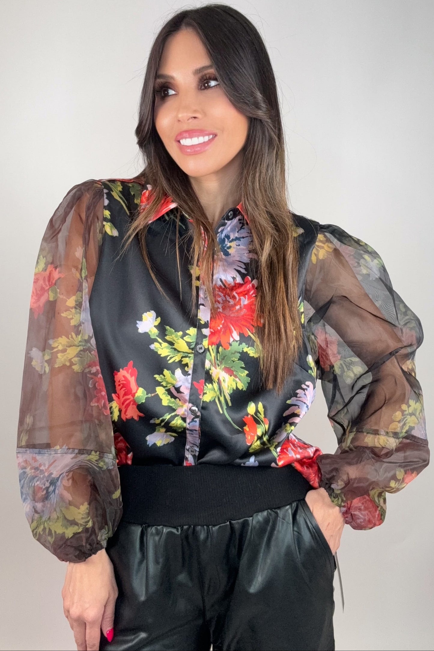 Contrast Sheer Voluminous Sleeve Blouse - Born To Glam Born To Glam