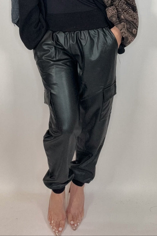 Black Contrast Rib Band Trim Faux Leather Jogger - Born To Glam Born To Glam