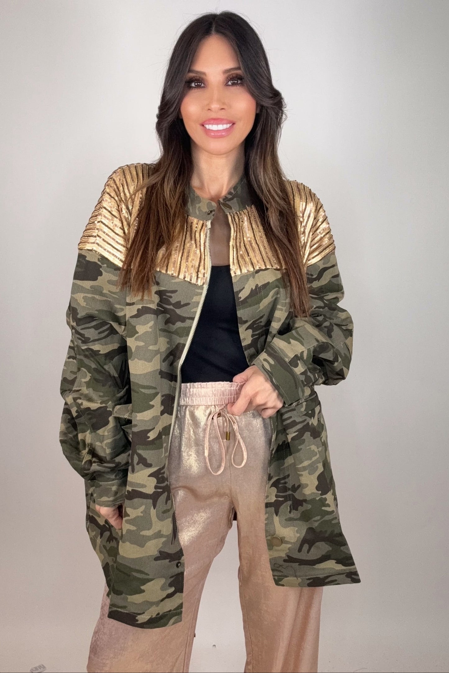 Plus Size Gold  Sequined Camo Jacket - Born To Glam Born To Glam