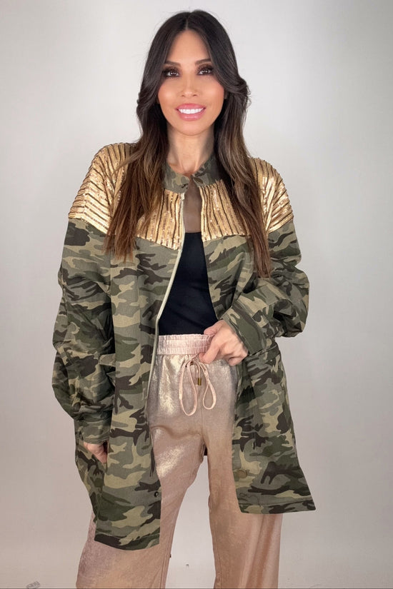 Plus Size Gold  Sequined Camo Jacket - Born To Glam Born To Glam