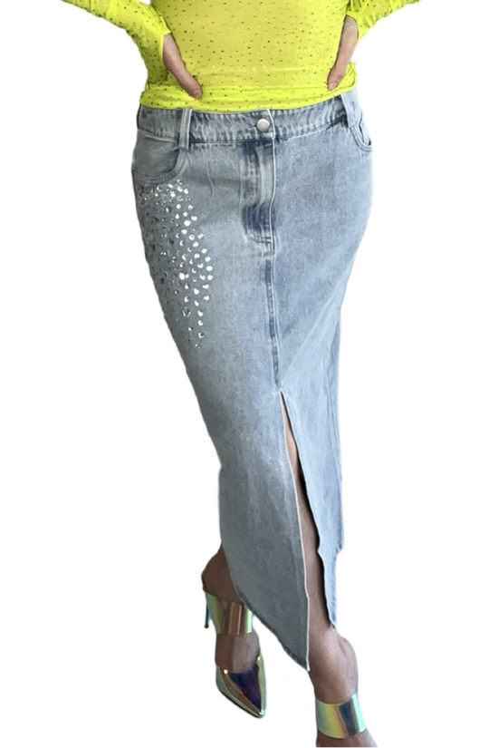 Rhinestone Denim Midi Skirt - Born To Glam Born To Glam