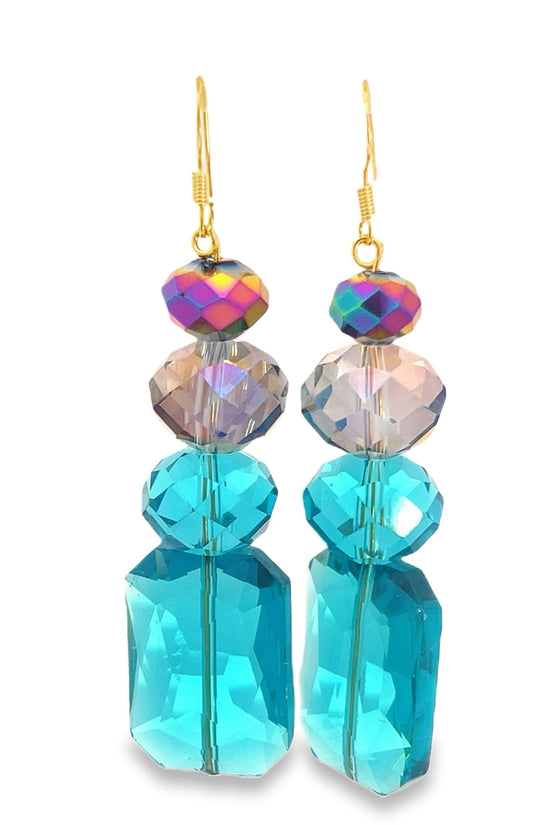 Colorful beaded earrings with gold hooks on a white background Born To Glam