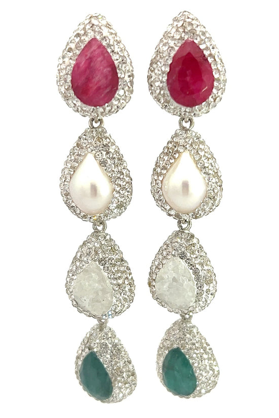 White Crystal Gemstone Long Sterling Silver Earring - Born To Glam Born To Glam