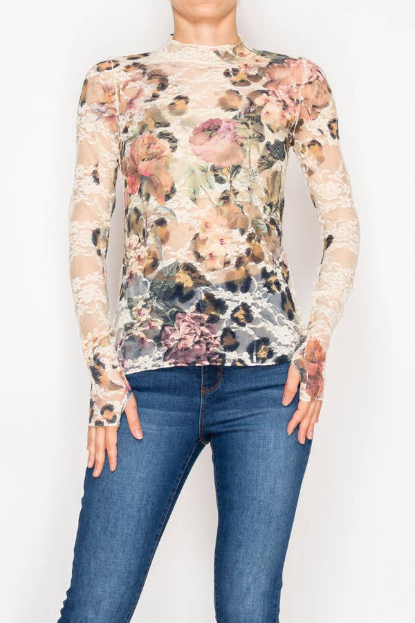 Sheer Flower Lace Mesh Long Sleeve Top – OLS-4865BG-LEO FL - Born To Glam Born To Glam