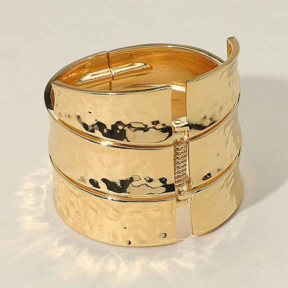 Bold Wide Textured Metal Hinged Bangle Bracelet - Born To Glam Born To Glam