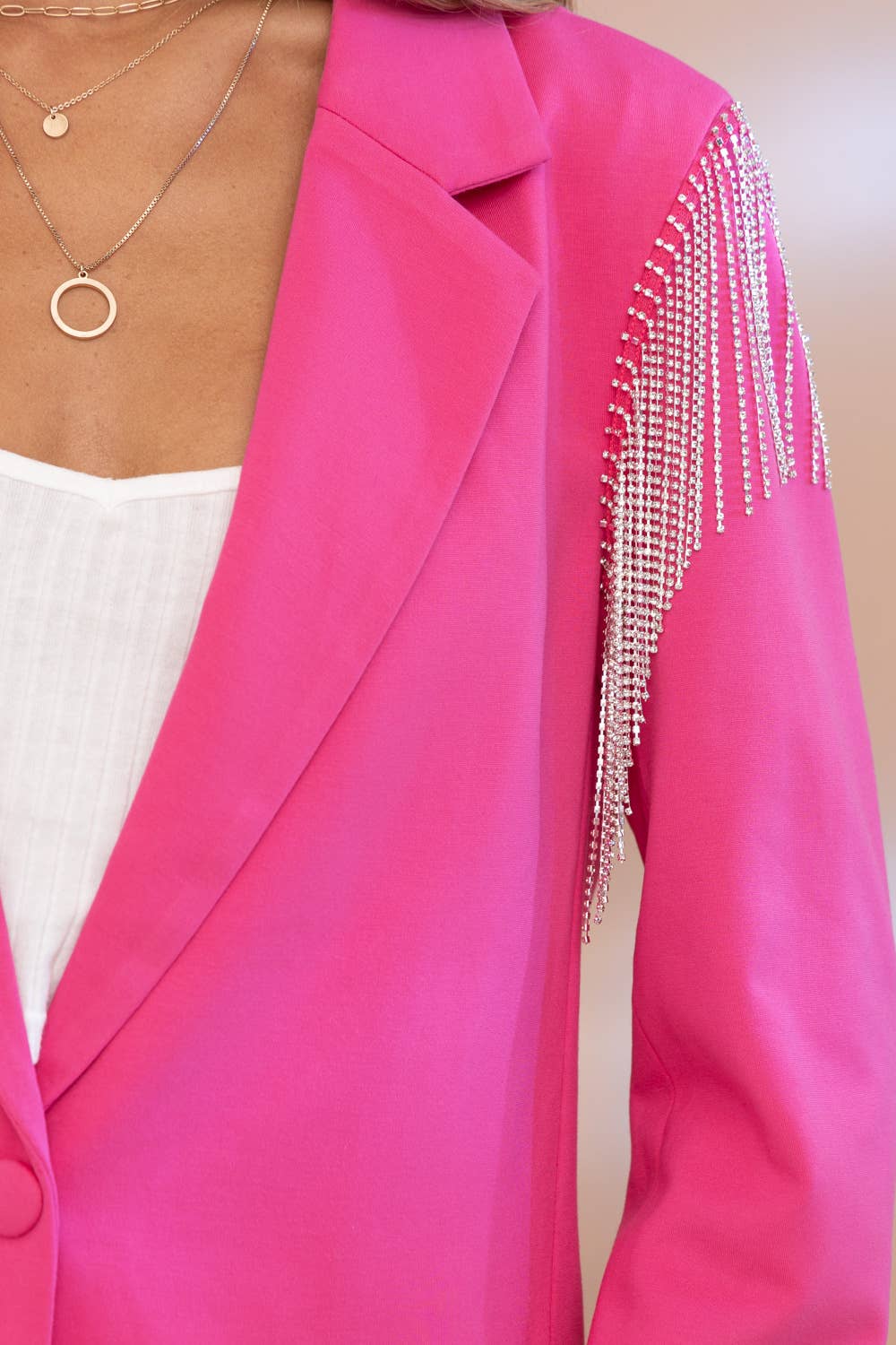 Hot Pink Boyfriend Rhinestone Fringe Shoulder Blazer - Born To Glam Born To Glam