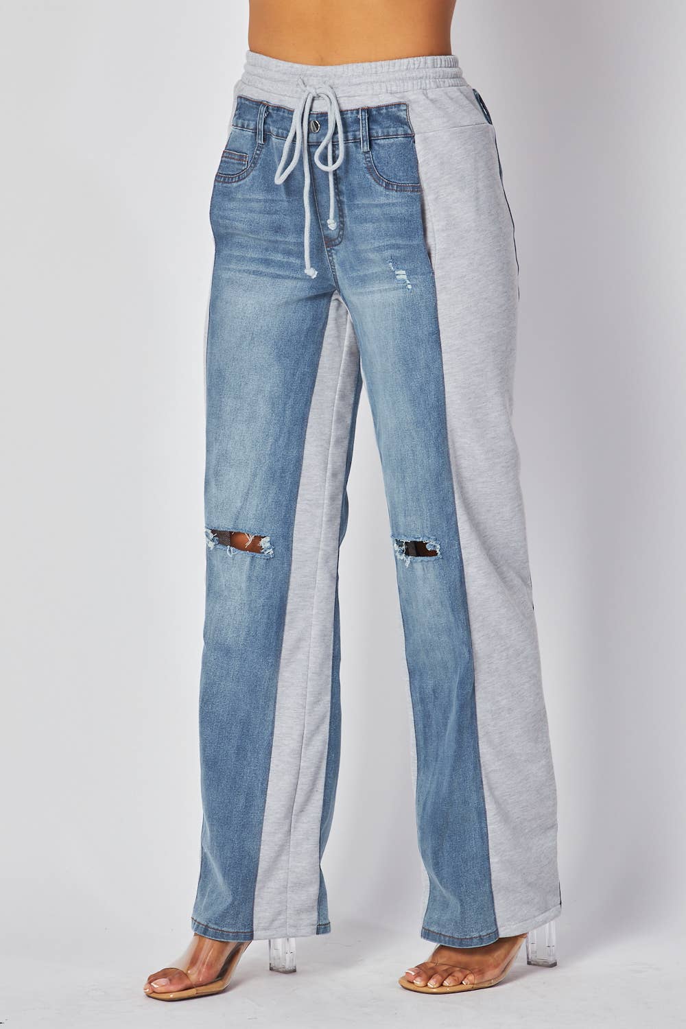 Grey Straight Leg Distressed Denim Jean Sweatpants - Born To Glam Born To Glam