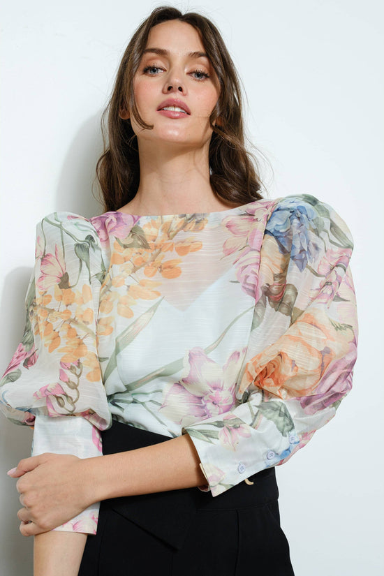 Sheer Floral Puff-Sleeve Blouse - Born To Glam Born To Glam