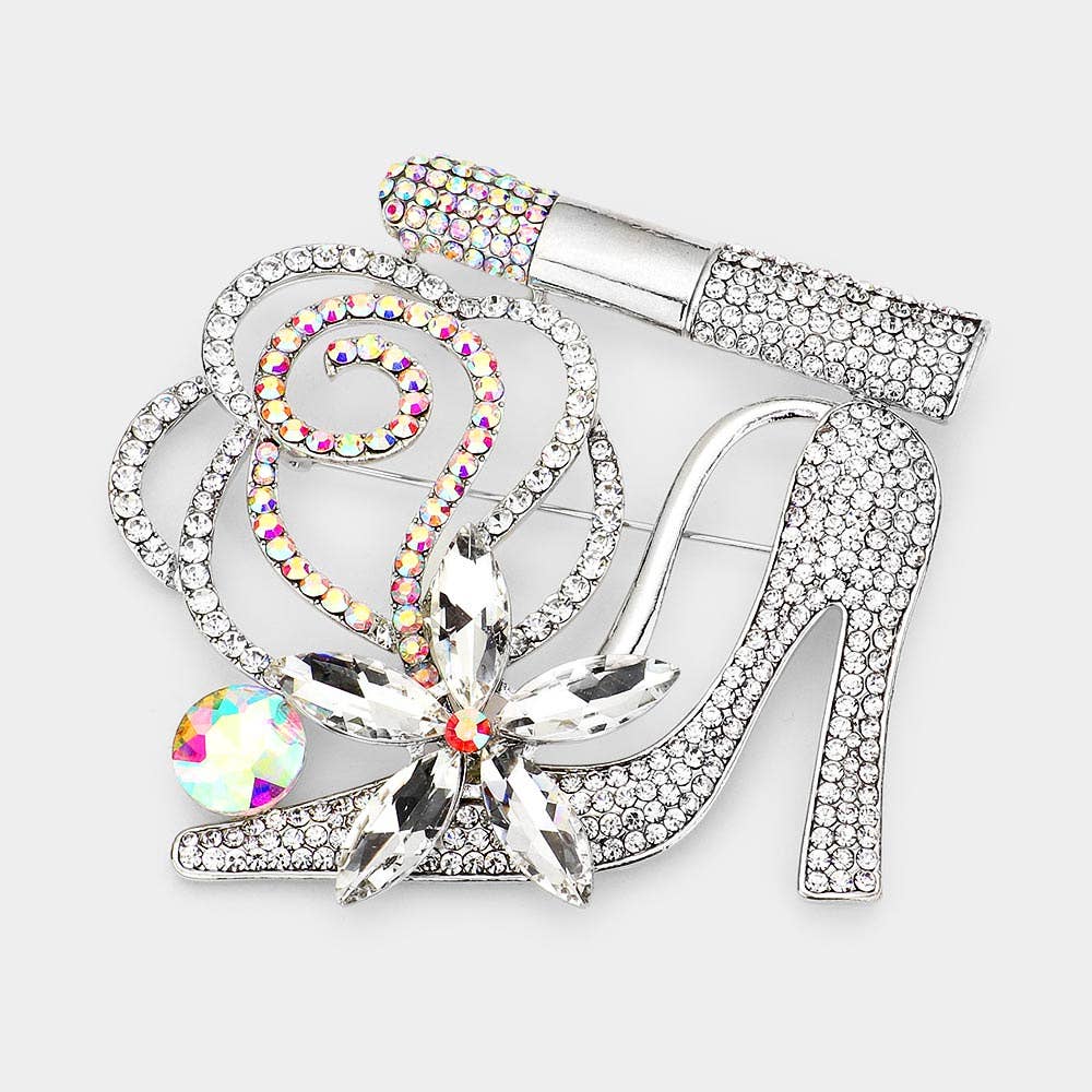 Rhinestone Pave High Heel Flower Lipstick Brooch - Born To Glam Born To Glam