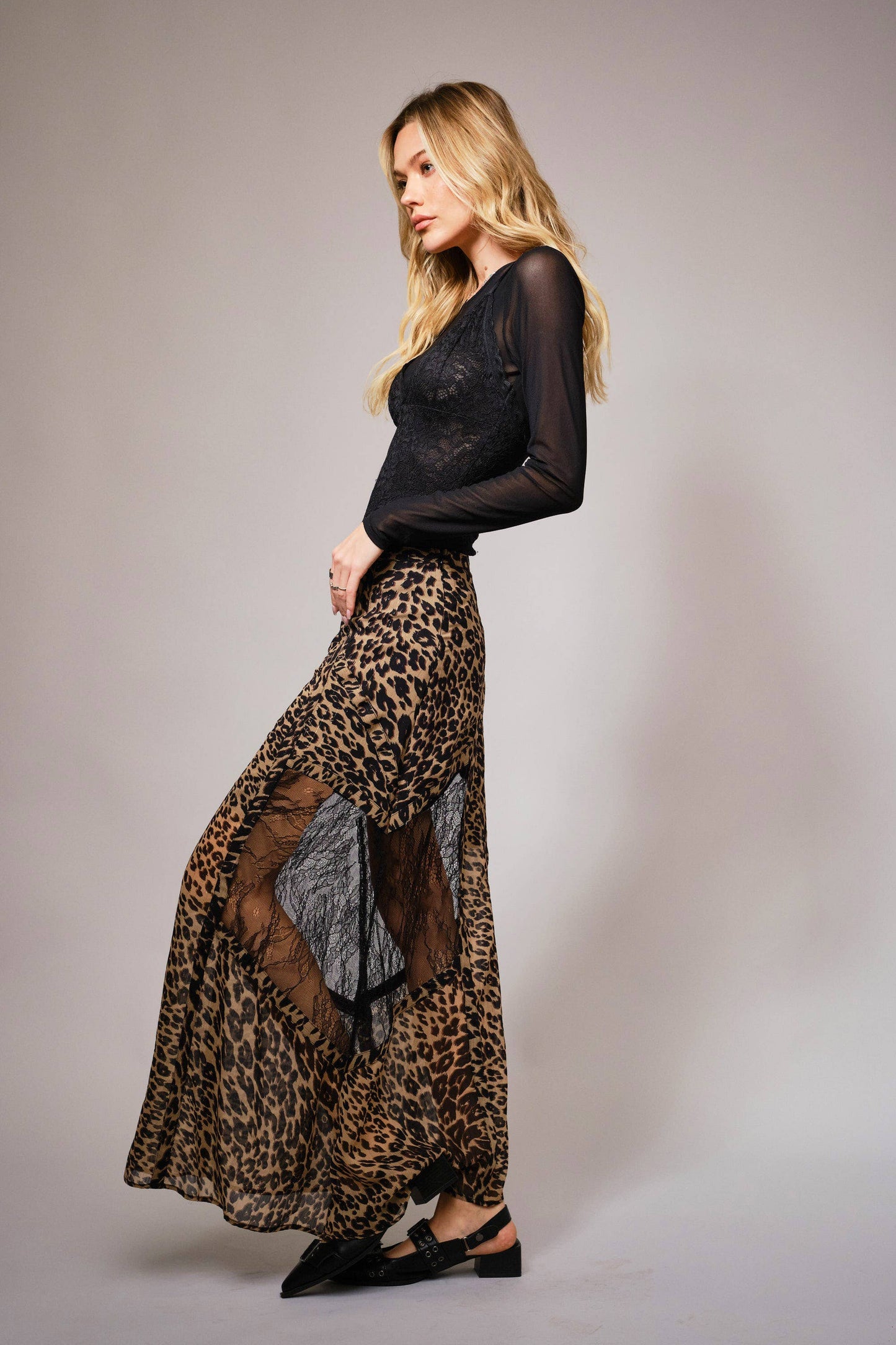 Leopard Lace Panel Maxi Skirt - Born To Glam Born To Glam