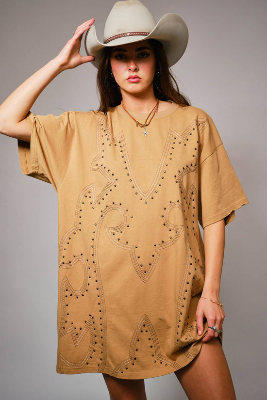 Washed Camel Studded Western T-Shirt Dress - Born To Glam Born To Glam