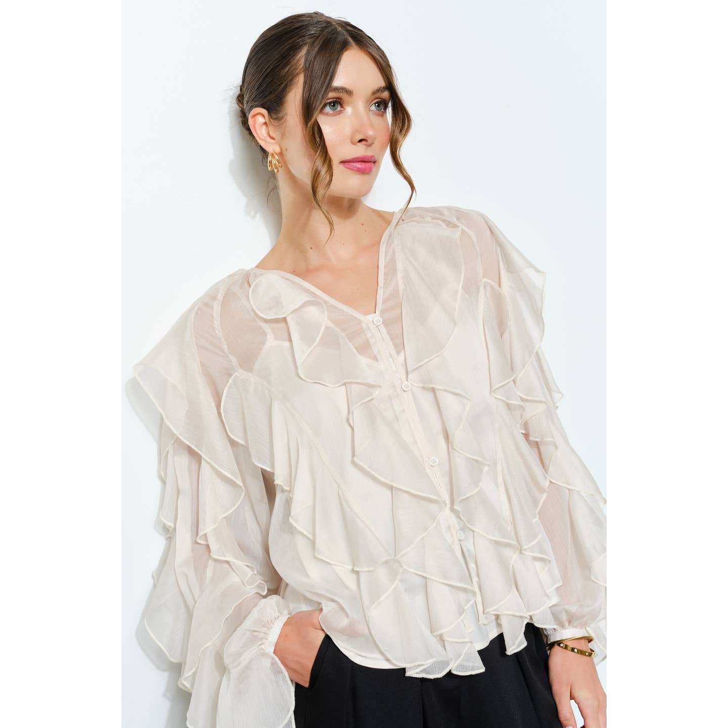 Layered Ruffle Sheer Chiffon Button-Up Blouse Born To Glam