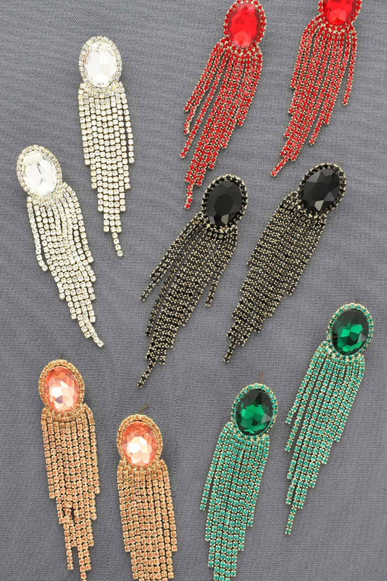 Oval Rhinestone Crystal Halo Drop Tassel Earrings - Born To Glam Born To Glam