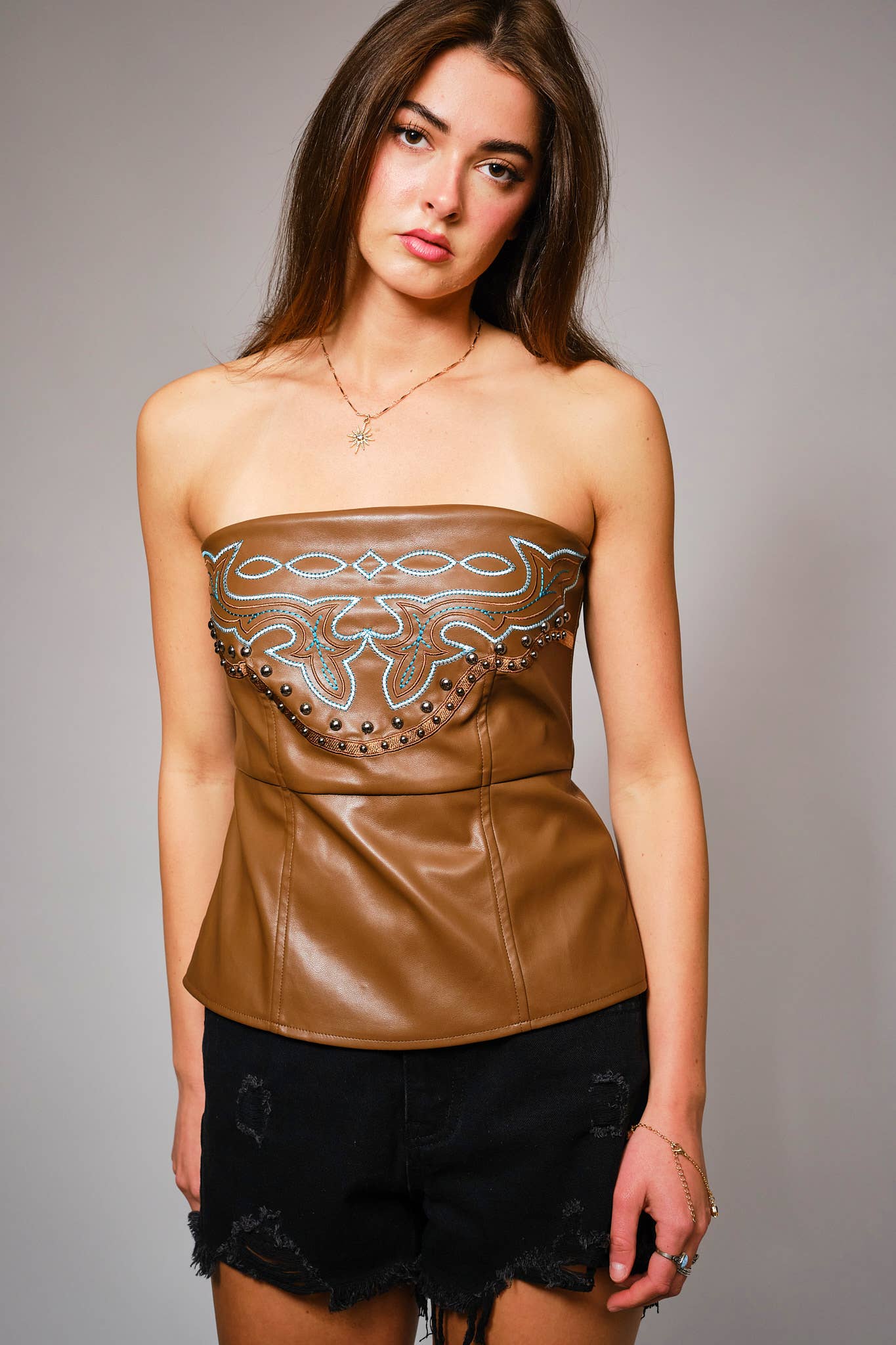 Western Embroidered Faux Leather Tube Top - Born To Glam Born To Glam