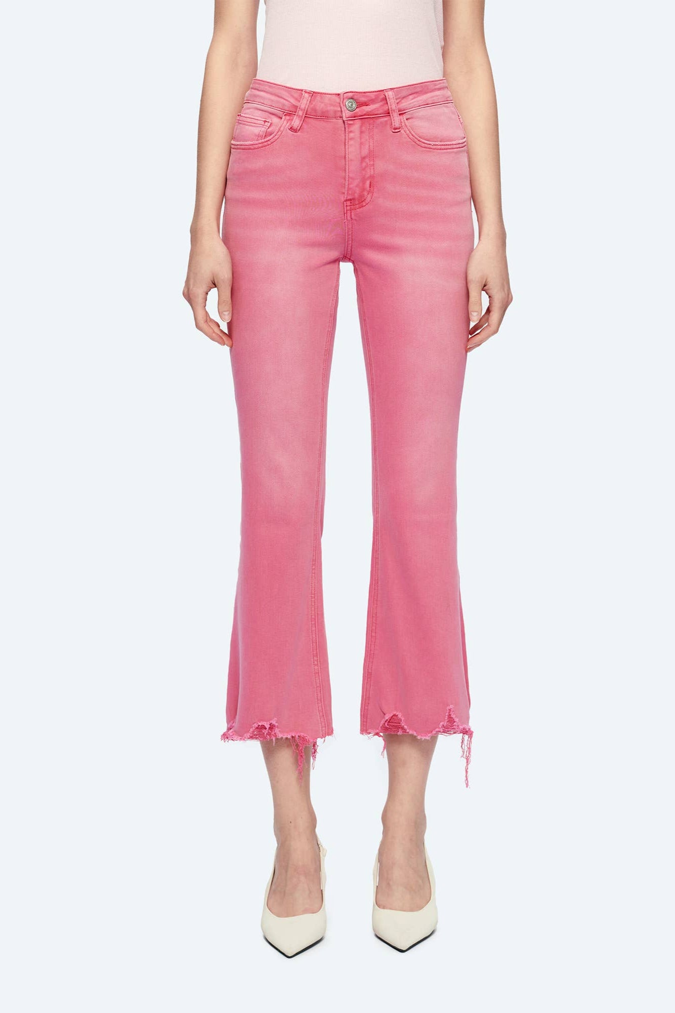Razberry Pink Mid Rise Crop Flare With Frayed Hem - Born To Glam Born To Glam