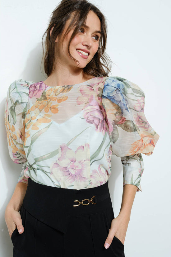 Sheer Floral Puff-Sleeve Blouse - Born To Glam Born To Glam