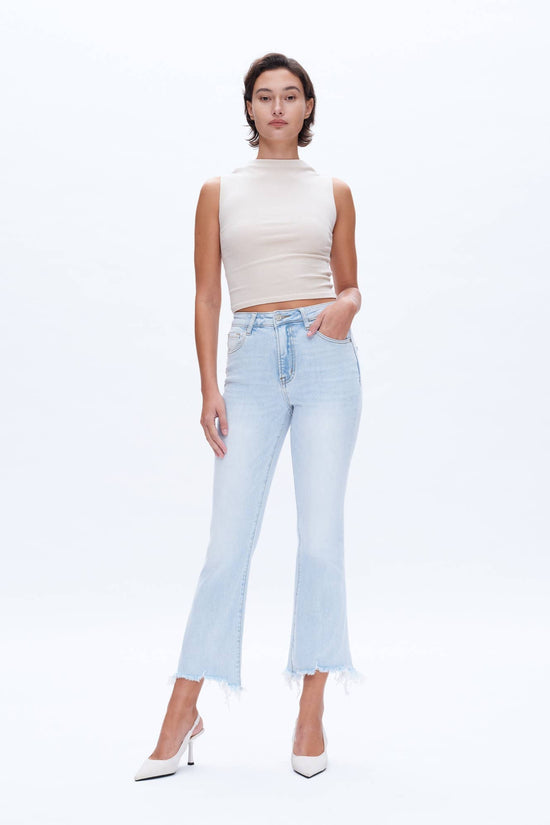 High Rise Flare Denim Jeans with Frayed Hem Born To Glam
