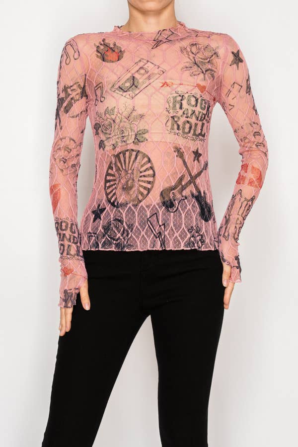 Sheer Flower Lace Mesh Long Sleeve Top  OLS-4865DUST ROS-RNR - Born To Glam Born To Glam