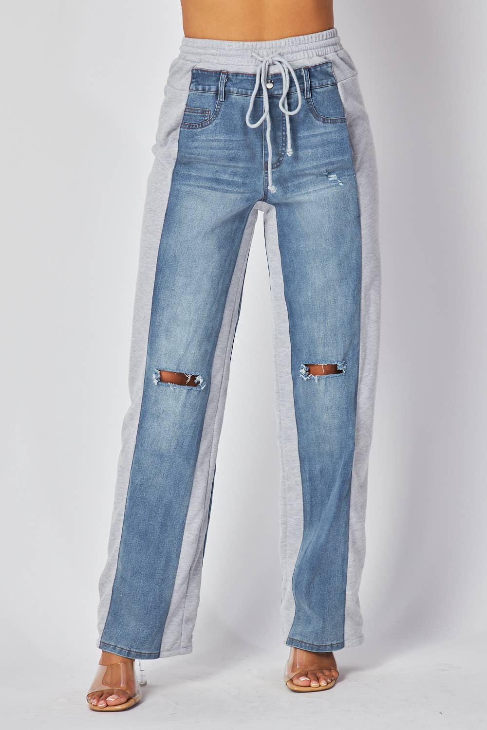 Grey Straight Leg Distressed Denim Jean Sweatpants - Born To Glam Born To Glam