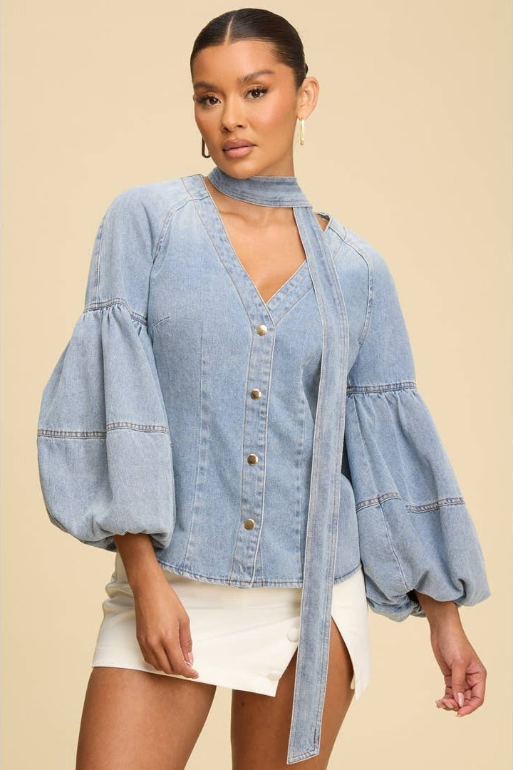 DENIM PUFF SLEEVE NECK TIE TOP - Born To Glam Born To Glam