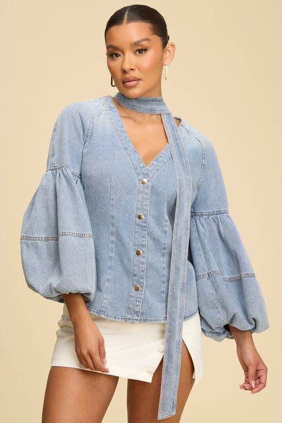 DENIM PUFF SLEEVE NECK TIE TOP - Born To Glam Born To Glam