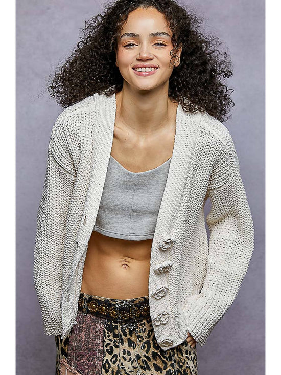 Powder Cream Long Sleeve Exaggerated Button Sweater Cardigan Top by Born To Glam Born To Glam