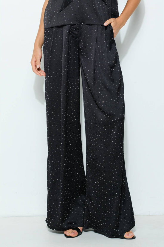 Black High Waist Rhinestone Wide-Leg Pants - Born To Glam Born To Glam
