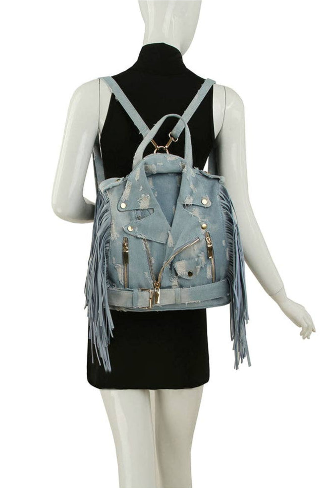 Denim fringe Motorcycle Jacket Backpack - Born To Glam Born To Glam