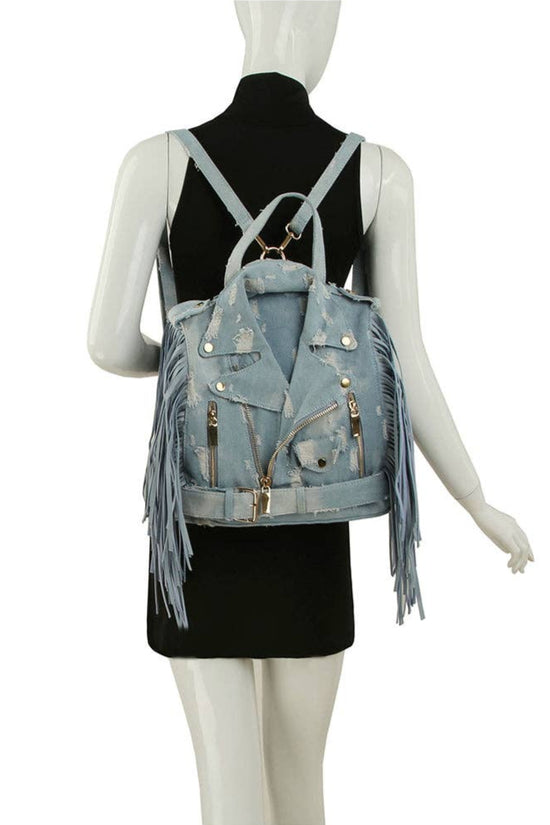 Denim fringe Motorcycle Jacket Backpack - Born To Glam Born To Glam