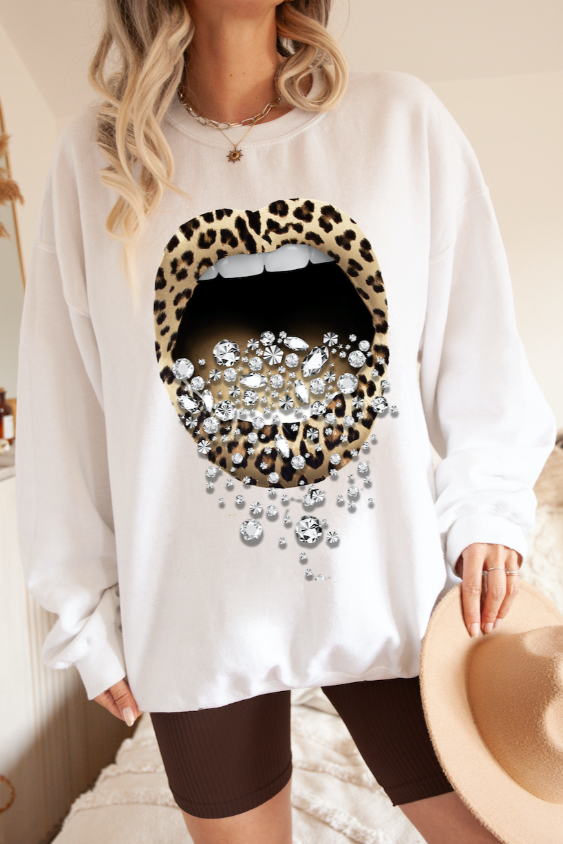 Leopard Lips Crystal Graphic Tee - Born To Glam Born To Glam