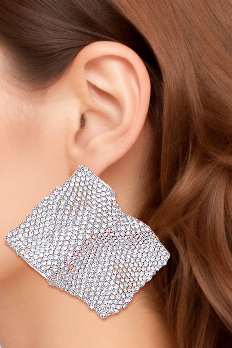 Wavy Silver Rhinestone Glam Stud Earrings - Born To Glam Born To Glam