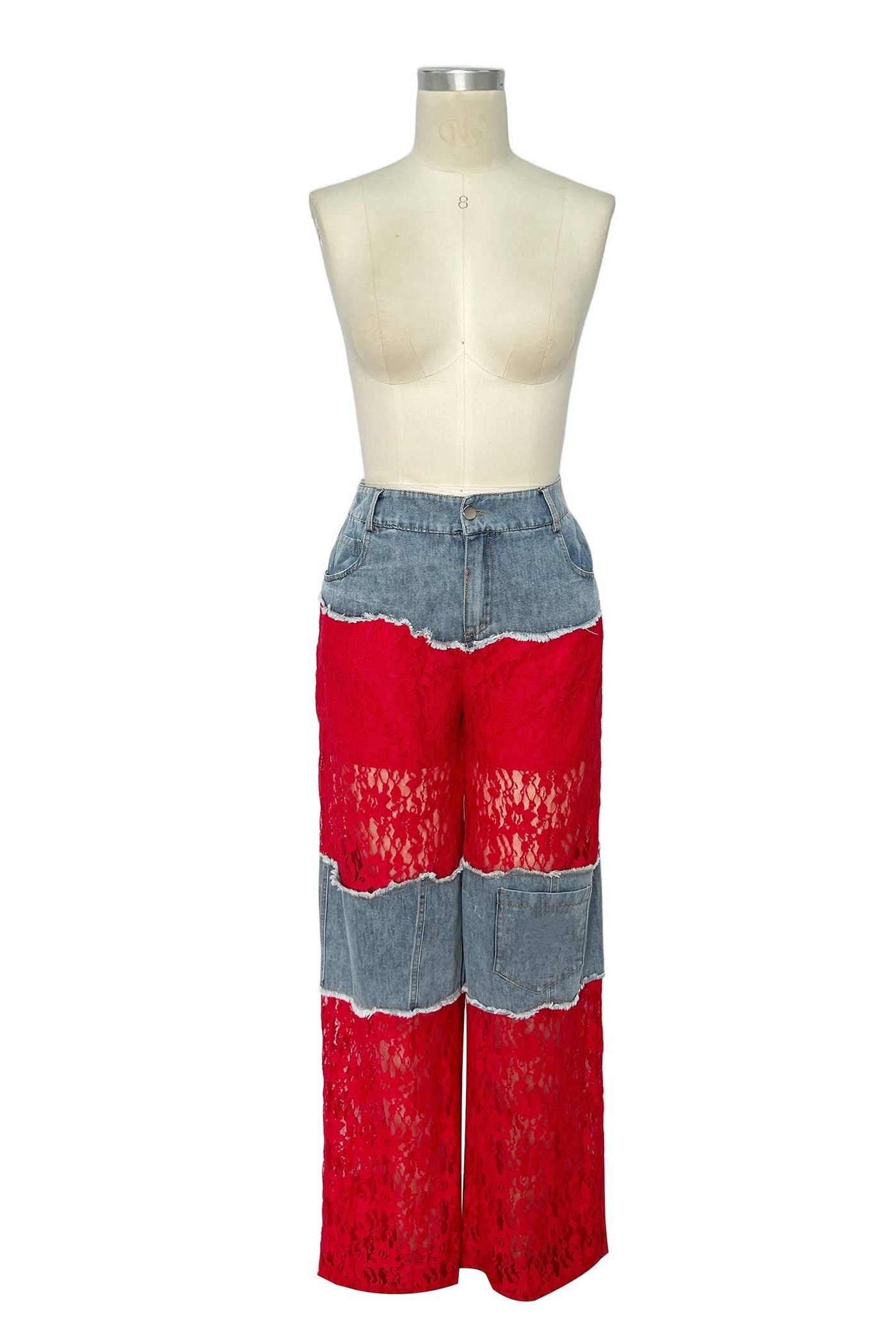 Red Color Block Lace and Denim Wide Leg Pants - Born To Glam Born To Glam
