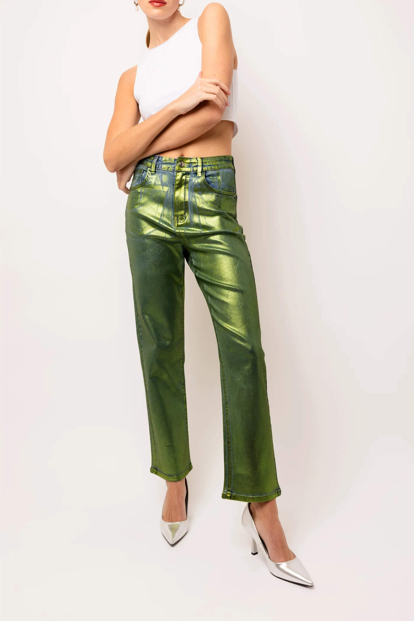 Lupe Green Denim Foil Coated Pants - Born To Glam Born To Glam
