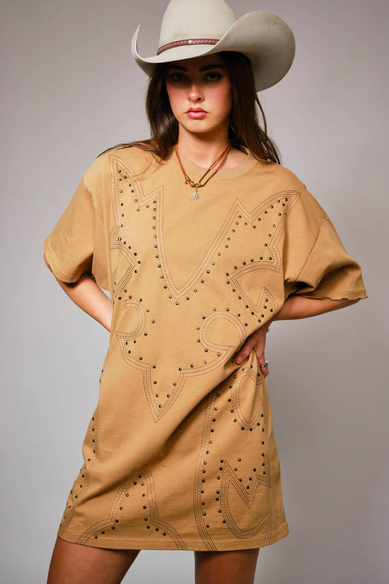 Washed Camel Studded Western T-Shirt Dress - Born To Glam Born To Glam