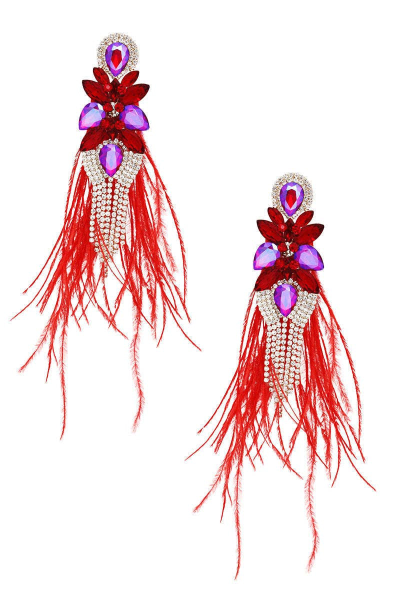 Tassel Red Feather Glass Earrings - Born To Glam Born To Glam