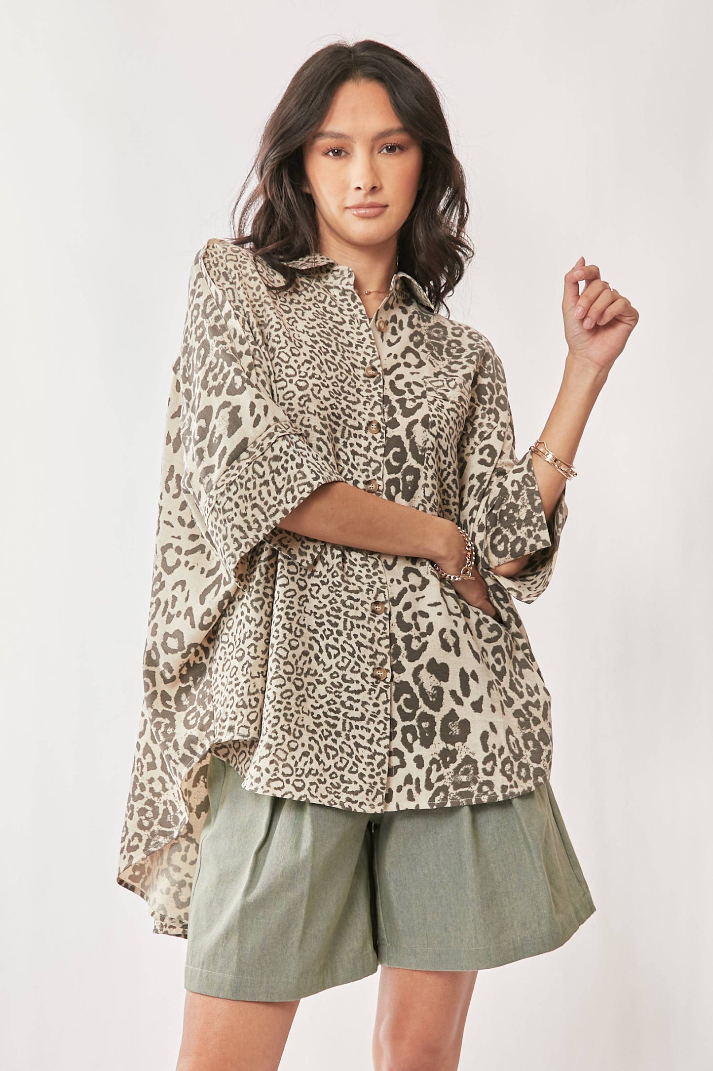 TAUPE LEOPARD ANIMAL PRINTED RIBBON RUFFLE SLEEVE SHIRT TOP - Born To Glam Born To Glam