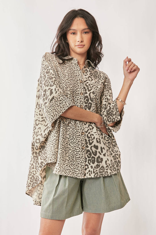TAUPE LEOPARD ANIMAL PRINTED RIBBON RUFFLE SLEEVE SHIRT TOP - Born To Glam Born To Glam