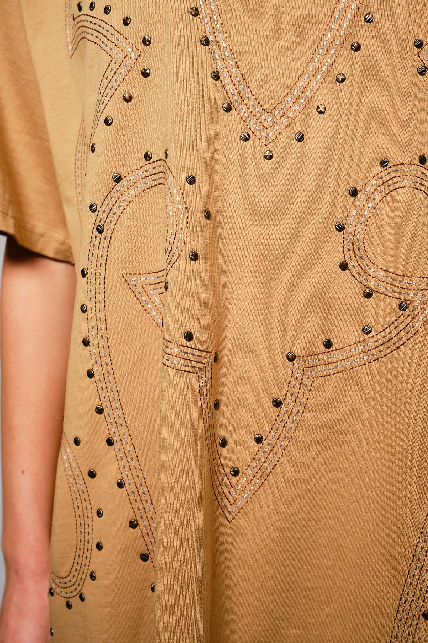 Washed Camel Studded Western T-Shirt Dress - Born To Glam Born To Glam