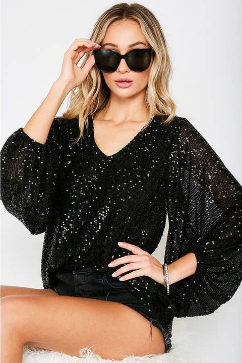Black V-Neck Balloon Sleeves Sequin Blouse Top - Born To Glam Born To Glam
