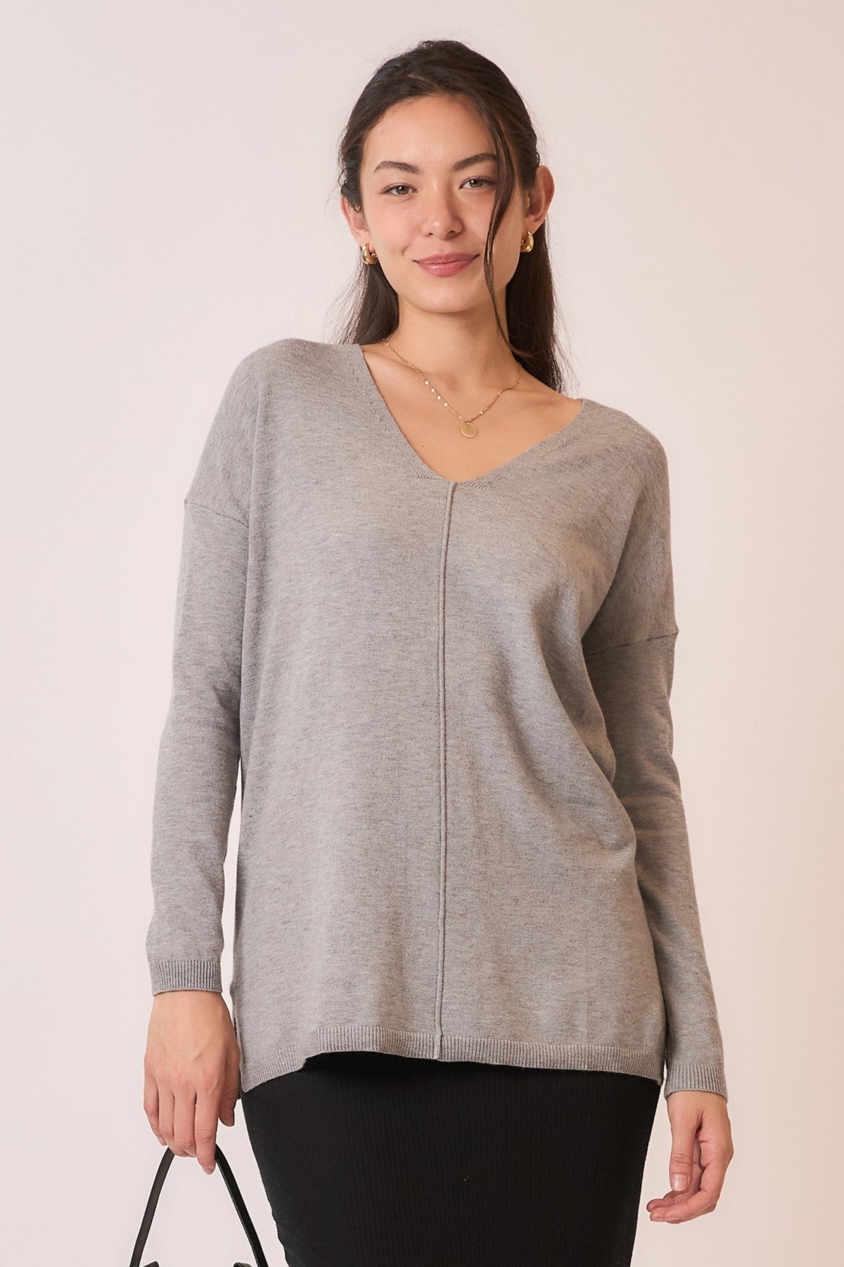 Grey Soft Fine Knit Exposed Seam V-neck Sweater by Born To Glam Born To Glam