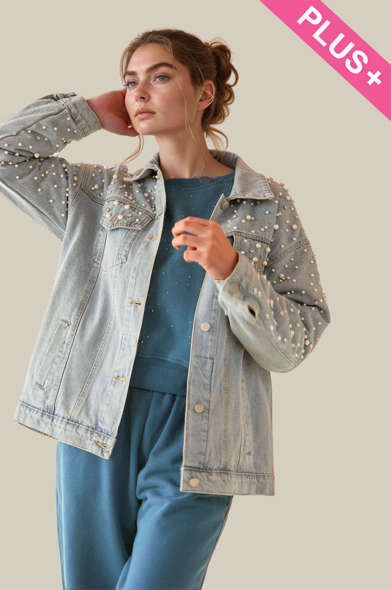PLUS PEARL RHINESTONE DETAIL DENIM JACKET - Born To Glam Born To Glam