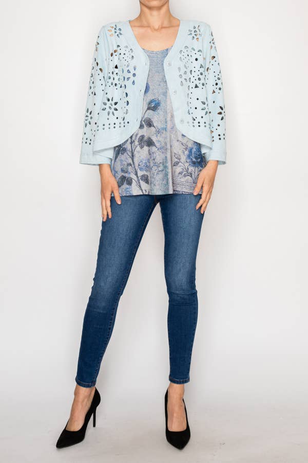 Powder Blue Faux Suede Laser-Cut Short Jacket - Born To Glam Born To Glam