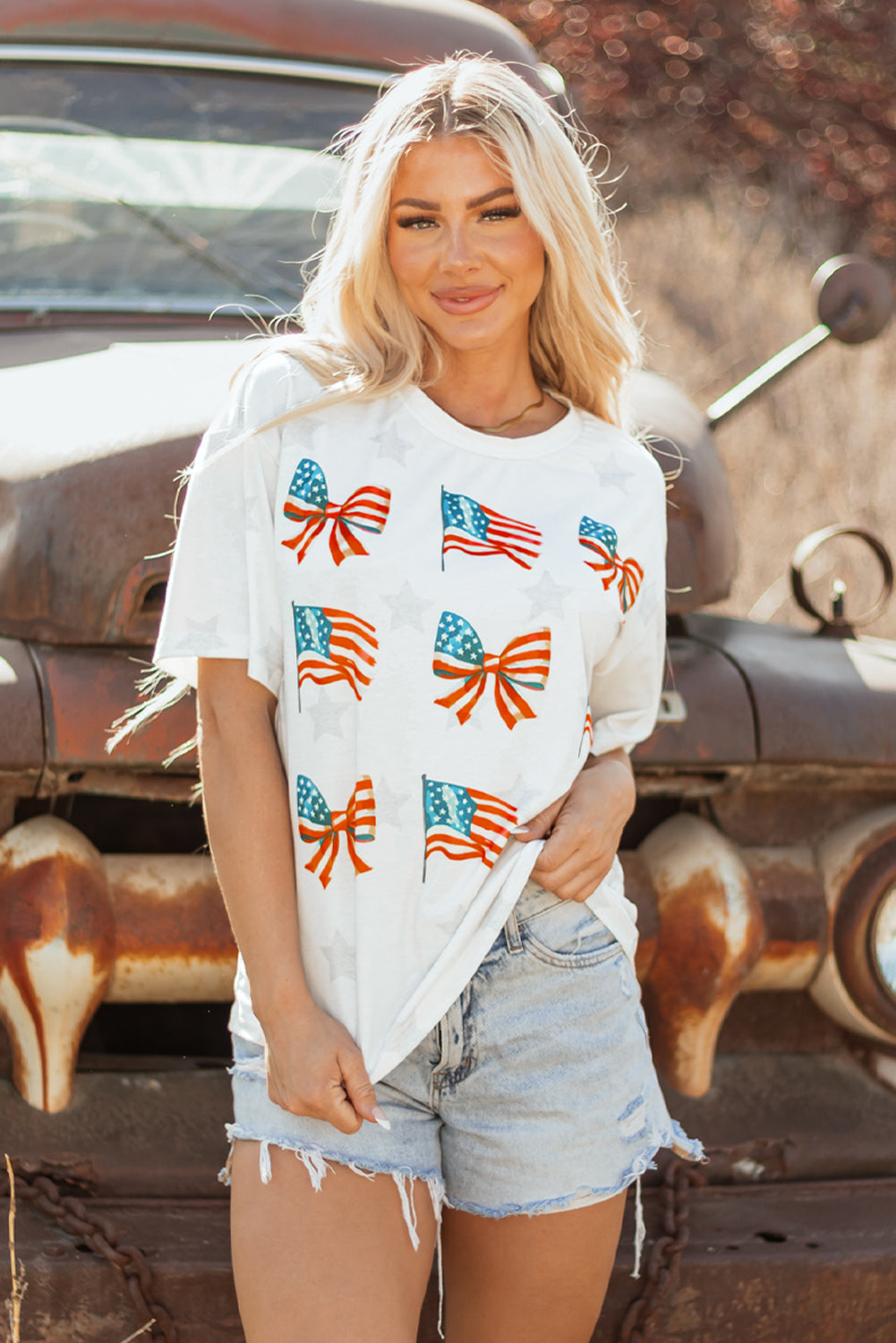 Khaki Patriotic Flag Bow Graphic Starry Round Neck T Shirt Born To Glam