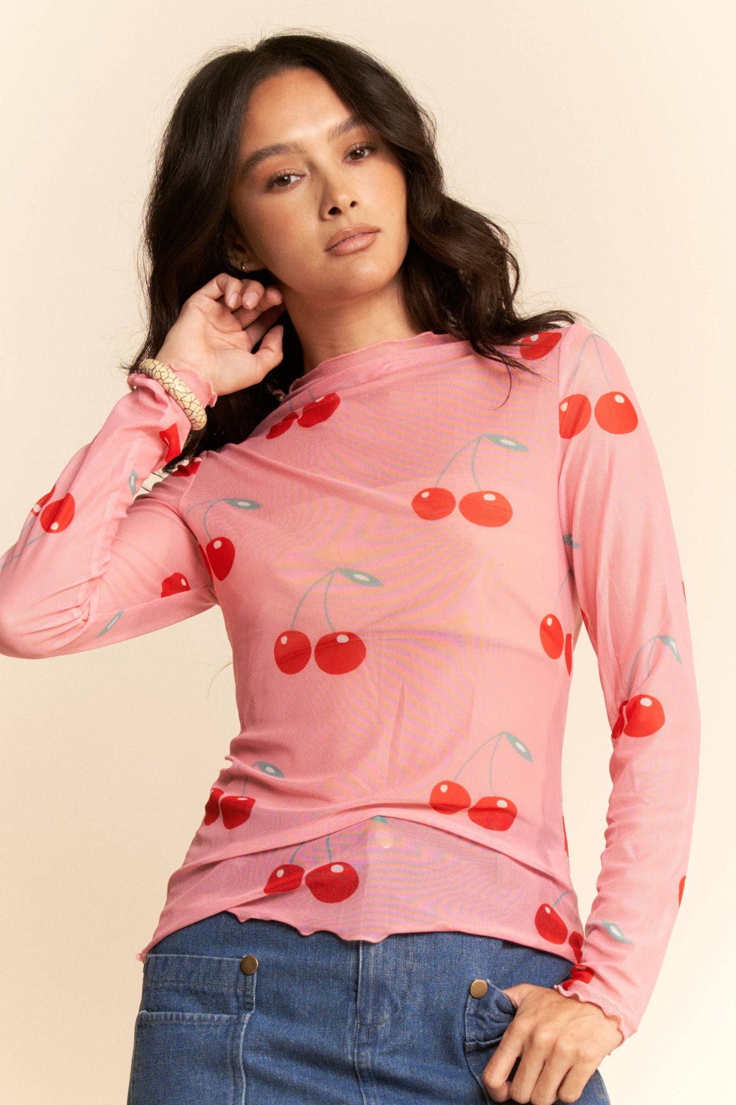 PINK MESH CHERRY PRINT LONG SLEEVE TOP - Born To Glam Born To Glam