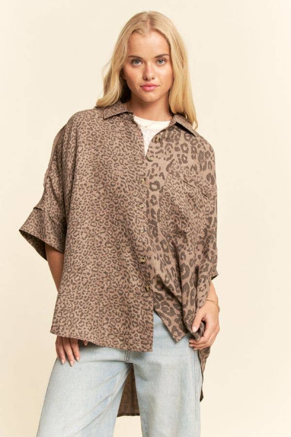 TAUPE LEOPARD ANIMAL PRINTED RIBBON RUFFLE SLEEVE SHIRT TOP - Born To Glam Born To Glam